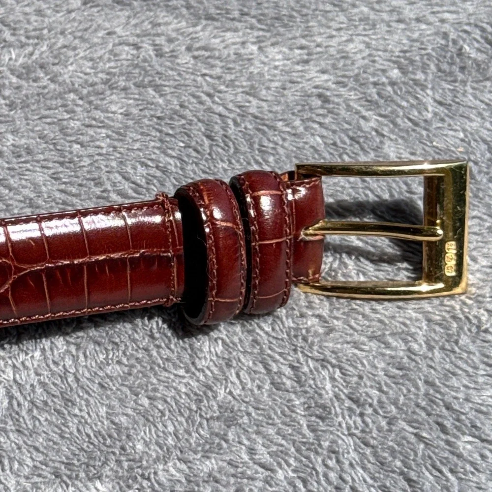 Ralph Lauren Mens Brown Crocodile Embossed Leather Belt Gold Buckle Dress Belt M - Picture 6 of 14